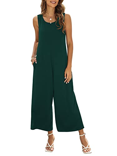 Nfsion Women's Summer Loose Tank Jumpsuit Sleeveless Crewneck Jumpsuits Rompers with Pockets Medium Dark Green