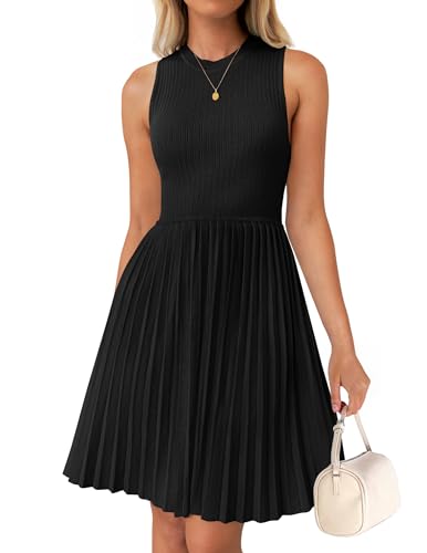 ZESICA Women's Summer Sleeveless Mini Dress 2024 Crewneck Knit A Line Pleated Swing Casual Basic Short Dress,Black,Large