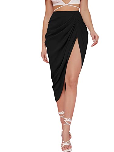 WDIRARA Women's Split Thigh Front Satin High Waist Ruched Zip Back Bodycon Midi Skirt Black L