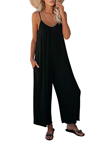 Dokotoo Women's Loose Plus Size Black Jumpsuits for Women Adjustable Spaghetti Strap Stretchy Wide Leg Solid One Piece Sleeveless Long Pant Romper Jumpsuit with Pockets X-Large