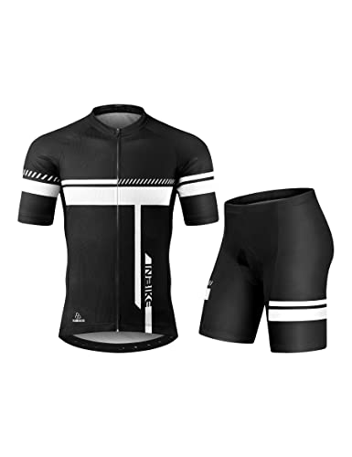 INBIKE Cycling Jersey Men Set Short Sleeve Bike Shirt Gel Padded Shorts for Summer Black L