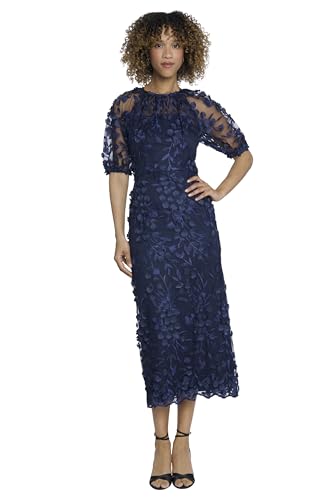 Maggy London Elegant Illusion Neck Elbow Sleeves Midi Cocktail Dresses for Women, Navy