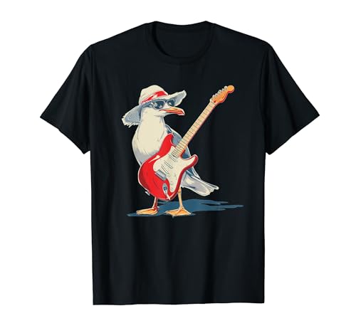 Funny Seagull with Beach Hat and electric Guitar T-Shirt