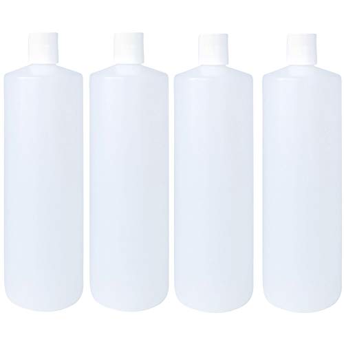 Kelkaa 32oz 28/410 HDPE Plastic Cylinder Squeeze Bottles with Dispensing White Press Disc Top Caps, for Shampoo, Conditioner, Lotion, Any Liquid Products, Multi-Use Refillable Bottles (Pack of 4)