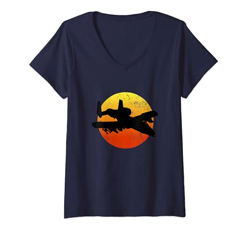 Womens A-10 Warthog Silhouette Sunset Thunderbird Tank Buster A10 V-Neck T-Shirt