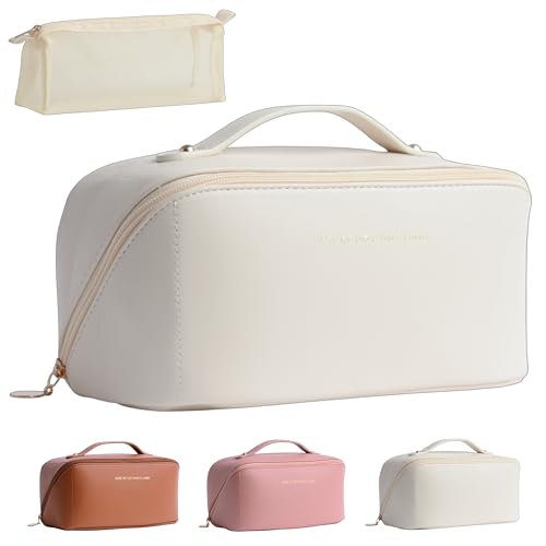 Eureka Finds' New Large Vegan Leather Water-Resistant Travel Makeup Bag with a Convenient Easy-to-Clean Clear Zipper Pouch for Your Brushes and Pencils. A Useful Small Mesh Pouch is Also Included.