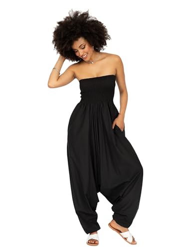 likemary Jumpsuits for Women - Convertible Rompers into Harem Pants - One Size Cotton Jumpers - Maxi Length Outfit & Pockets - Comfortable Strapless Black Jumpsuit for Women