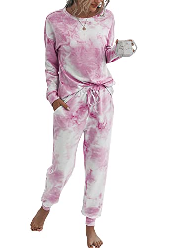 PRETTYGARDEN Women's Tie Dye Two Piece Tracksuit Set Long Sleeve Sweatshirt with Long Pants (Pink,Medium)