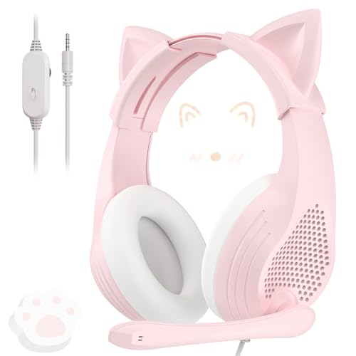 Anivia Pink Gaming Headset with Microphone for PC Computer iOS Mac PS4 PS5 Xbox One Phone, 3D Surround Sound, Soft Memory Foam Ear Cushion, Wired Over-Ear Headphones with Mic for Gamer