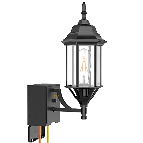 Upgraded- Dusk to Dawn Sensor Outdoor Wall Lantern with Built-in GFCI Outlet, Black Porch Lights Outdoor Wall, Anti-Rust Exterior Light Fixture, Waterproof Outside Wall Sconce Lighting (Bulb Included)