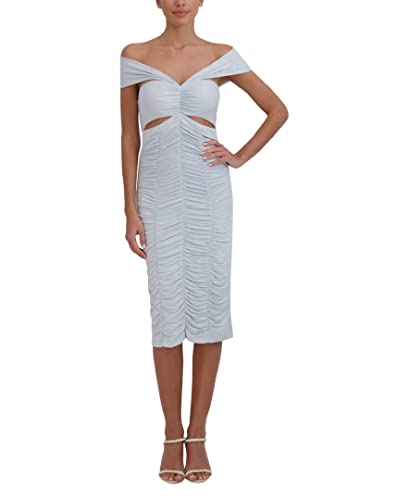 BCBGMAXAZRIA Women's Off The Shoulder Midi Cut Out Dress, Blue