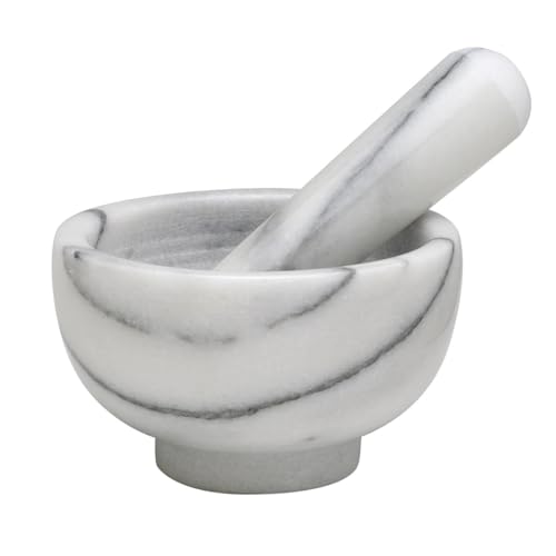HIC Mortar and Pestle Spice Herb Grinder Pill Crusher Set, Solid Carrara Marble, 4-Inch x 2.5-Inch