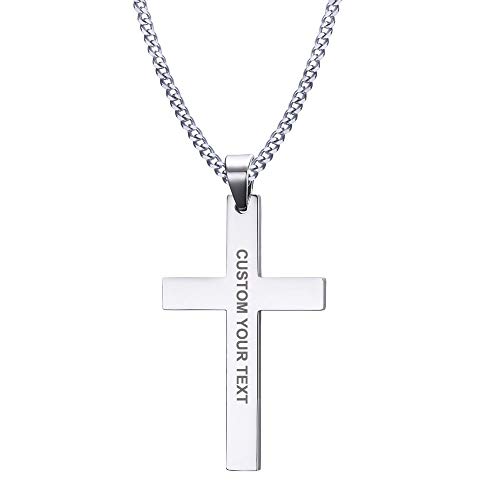 XUANPAI Christmas Gifts Sliver Custom Engraving Stainless Steel Plain Cross Pendant Necklaces,Religions Personalized Gift for Men Women