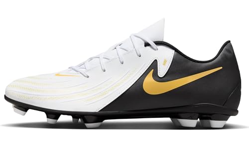 Nike Phantom GX 2 Club MG Low-Top Soccer Cleats (FJ2557-100, White/Black-MTLC Gold Coin) Size 10.5