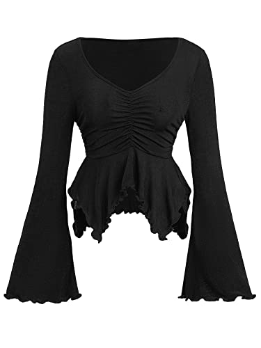 GORGLITTER Women's Ruched Frill Trim Peplum Blouse Sweetheart Neck Bell Long Sleeve Shirt Top Black Large