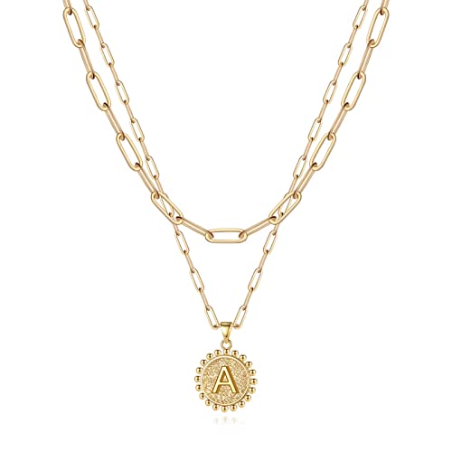 Gold Necklaces for Women , 14K Plated Layering Necklace Paperclip Link Choker Chain Personalized Layered Women Disc Initial Pendant A