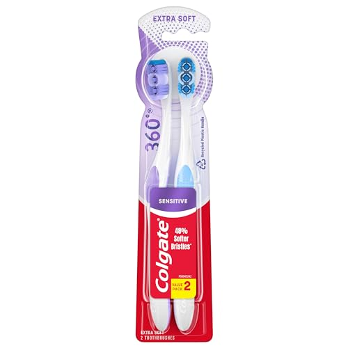 Colgate 360 Extra Soft Toothbrush for Sensitive Teeth and Gums with Tongue and Cheek Cleaner, 2 Pack