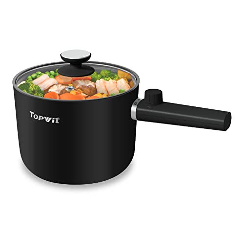 Topwit Hot Pot Electric, 1.5L Ramen Cooker, Portable Non-Stick Frying Pan, Electric Pot for Pasta, Steak, BPA Free, Cooker with Dual Power Control, Over-Heating & Boil Dry Protection, Black
