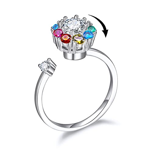 Eternity Ring Halo Open Bands for Women Silver Plated Womens Rainbow Multi Color Crystal Christmas Adjustable Size (Spinner Colorful)