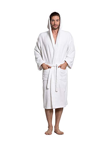 Turkuoise Men's Turkish Terry Cloth Robe, Thick Hooded Bathrobe (White, Large)