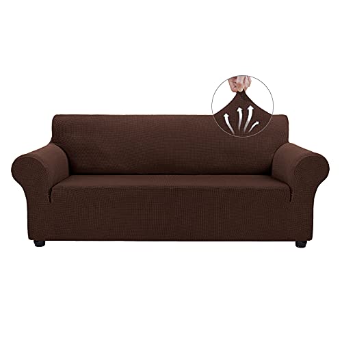Asnomy Couch Covers for 3 Cushion Couch Stretch Sofa Covers Slipcovers, Pet Protector Furniture Covers for Dogs Cats Spandex Jacquard Fabric Small Checks （Large，Chocolate）