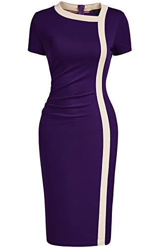 Viwenni Women's Elegant Ruffle Office Colorblock Patchwork Church Pencil Dress XXL Purple