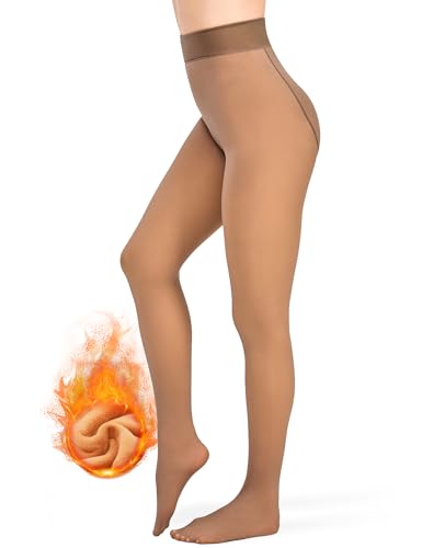 KBVOT Fleece Lined Tights Women Sheer Fake Translucent Winter Thermal Pantyhose Opaque Warm Thick High Waist Leggings(XS-2XL)