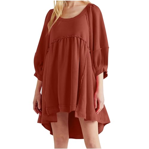 Sweatshirt Dress for Women Oversized Pullover Tunic Sweatshirt Dress Lantern Sleeve High Low Back Hem Mini Skirts Red