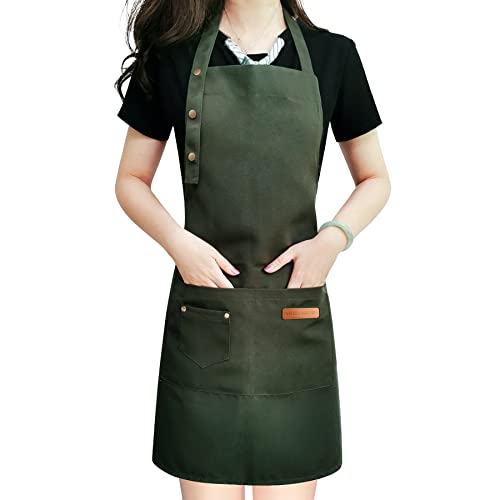 LOYGLIF Apron for Men Women with Adjustable Straps and Large Pockets, Canvas Cotton Cooking Kitchen Chef Bib Aprons Waterproof Green