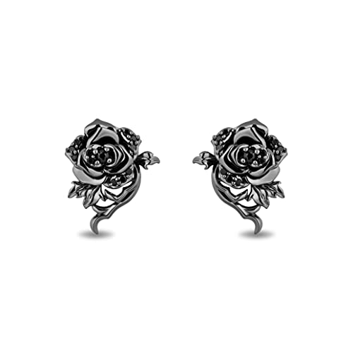 Jewelili Enchanted Disney Fine Jewelry Black Rhodium over Sterling Silver 1/5 Cttw Treated Black Round Diamond Maleficent Rose Earrings