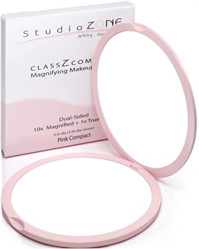 StudioZONE Compact Mirror for Purses - 10X Magnifying - Pink Compact Mirror - Perfect Magnification for Travel - 2-Sided - 10X Makeup Mirror and 1x True View - 4' Diameter