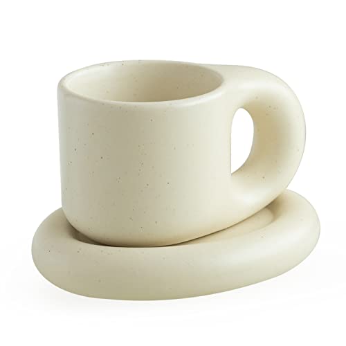 WENSHUO Chubby Funny Coffee Mug, Novelty Cute Cup and Saucer, Matte Crème, 9 oz (Matte Crème)