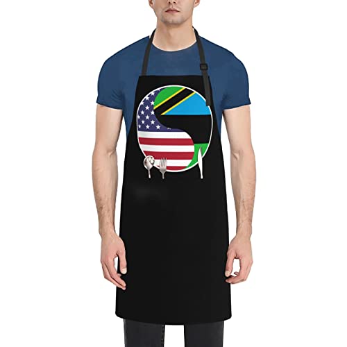 MULIHU Yin Yang Flag Combination Of America And Zanzibar Apron For Men Women Adjustable Waterproof With Pockets Bib Kitchen Cooking Aprons Chef Aprons