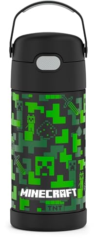 THERMOS FUNTAINER 12 Ounce Stainless Steel Vacuum Insulated Kids Straw Bottle, Minecraft