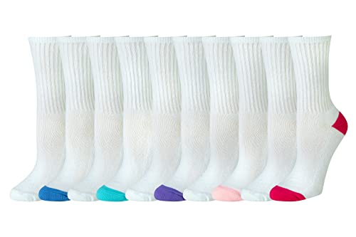 Amazon Essentials Women's Cotton Lightly Cushioned Crew Socks, 10 Pairs, White, 8-12