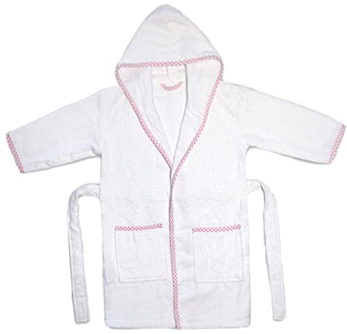 MAURA Prince George Style Kids Bathrobe. Luxury Kids Hooded Bathrobe White and Pink Checkered Binding For Toddlers Turkish Terry Bath Towel Cute and Cuddly. Super Soft and Absorbent.