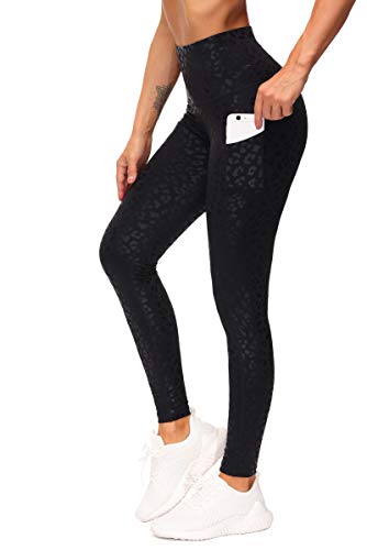 THE GYM PEOPLE Thick High Waist Yoga Pants with Pockets, Tummy Control Workout Running Yoga Leggings for Women (Medium, Black Leopard)