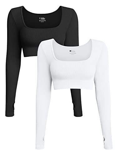 OQQ Women's 2 Piece Crop Top Ribbed Seamless Workout Exercise Long Sleeve Crop Tops Black White