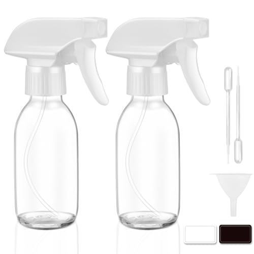 Tecohouse Glass Spray Bottles 4 OZ, Empty Small Spray Bottles 2 Pack for Essential Oils, Cleaning Solutions, Plants, Hair Mister, withDurable Nozzle, Labels, Funnel, Pipettes Clear
