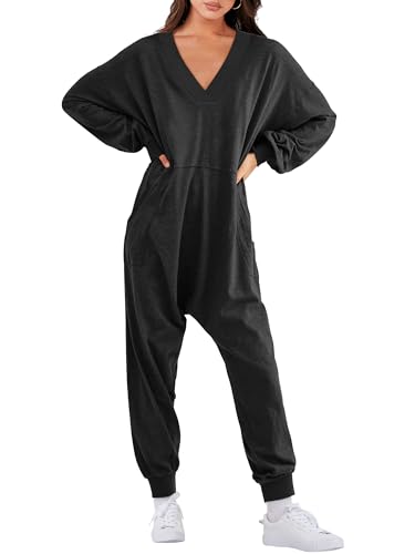 ANRABESS Jumpsuits for Women 2024 Fall Long Sleeve V Neck Oversized Harem Onesie Romper Loungewear Overalls Pajamas Outfits Black heise-XL