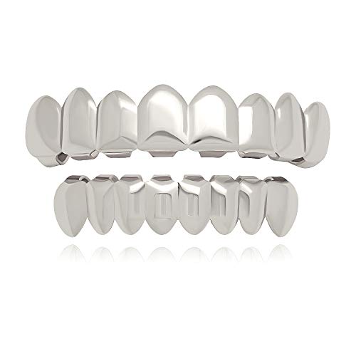 LuReen 8 Teeth Grillz 14k Gold Top and Bottom Grills Set Shiny Hip Hop Teeth Grillz + Extra Molding Bars for Halloween Costume Cosplay