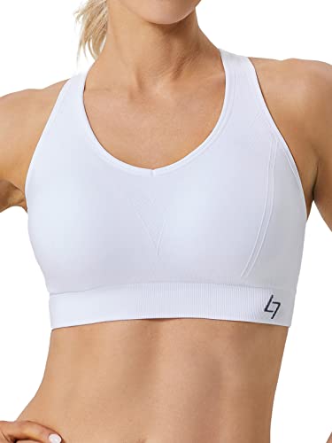 FITTIN Racerback Sports Bras for Women - Padded Seamless High Impact Support for Yoga Gym Workout Fitness White L