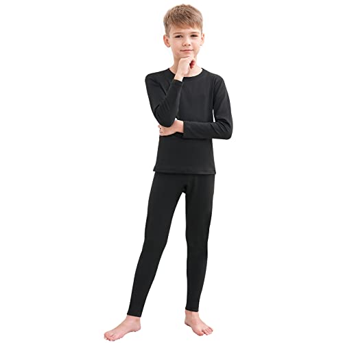 HEROBIKER Thermal Underwear Boys Ultra Soft Fleece Lined Kids Thermals Long Johns Top Bottom Warm Set for Winter Skiing Black
