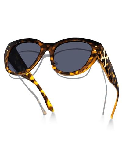 Meeloog Polarized Sunglasses Fit Over Glasses For Women, Trendy Round Sun Glasses Lightweight Wrap Around Shades MST0080 (P1 Tortoise Frame/Grey Lens)