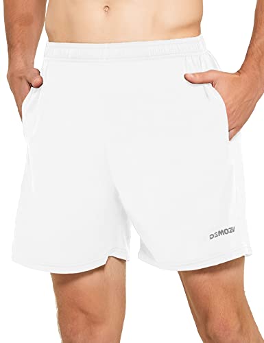 DEMOZU Men's 5 Inch Running Tennis Shorts Quick Dry Athletic Workout Gym Sports Shorts with Pockets, White, L