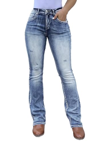 Flamingals Women's Butt Lifting Jeans for Women Trendy Tummy Control Jeans Stretch Boot Cut Jeans Denim Pants Mid Blue L