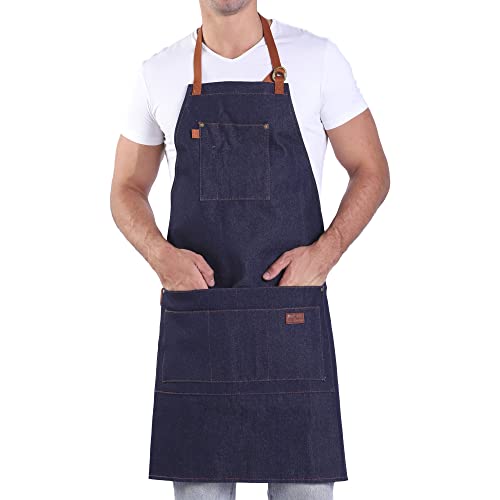 a u sure Denim Apron with Pockets Blue Tall Bib Apron with Long Ties Adjustable M to XXL - Christmas, Thanksgiving, Birthday Gifts for Men Women