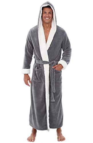 Alexander Del Rossa Men’s Robe, Big and Tall Plush Fleece Hooded Bathrobe with Pockets, Gray with Sherpa, 1X-2X (A0262STL2X)