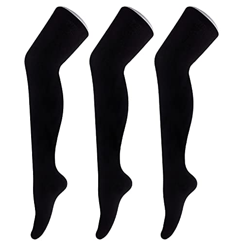 Tom & Mary Women’s Thigh High Socks, Combed Cotton (85%), Non-Slip, Soft, Stripe & Solid Colors, Over Knee Extra Long Socks (Black) (3 Pairs)