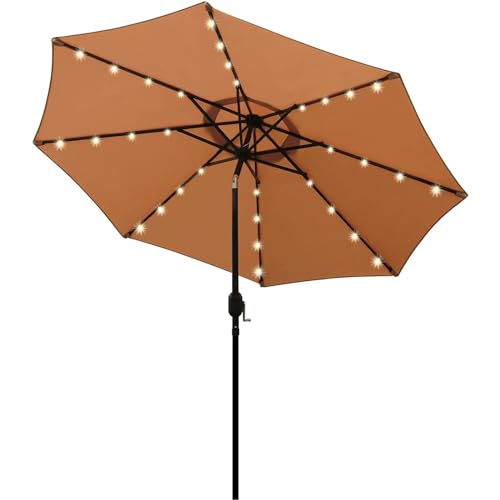 Blissun 9 ft Solar Umbrella, 32 LED Lighted Patio Umbrella, Table Market Umbrella, Outdoor Umbrella for Garden, Deck, Backyard, Pool and Beach (Tan)